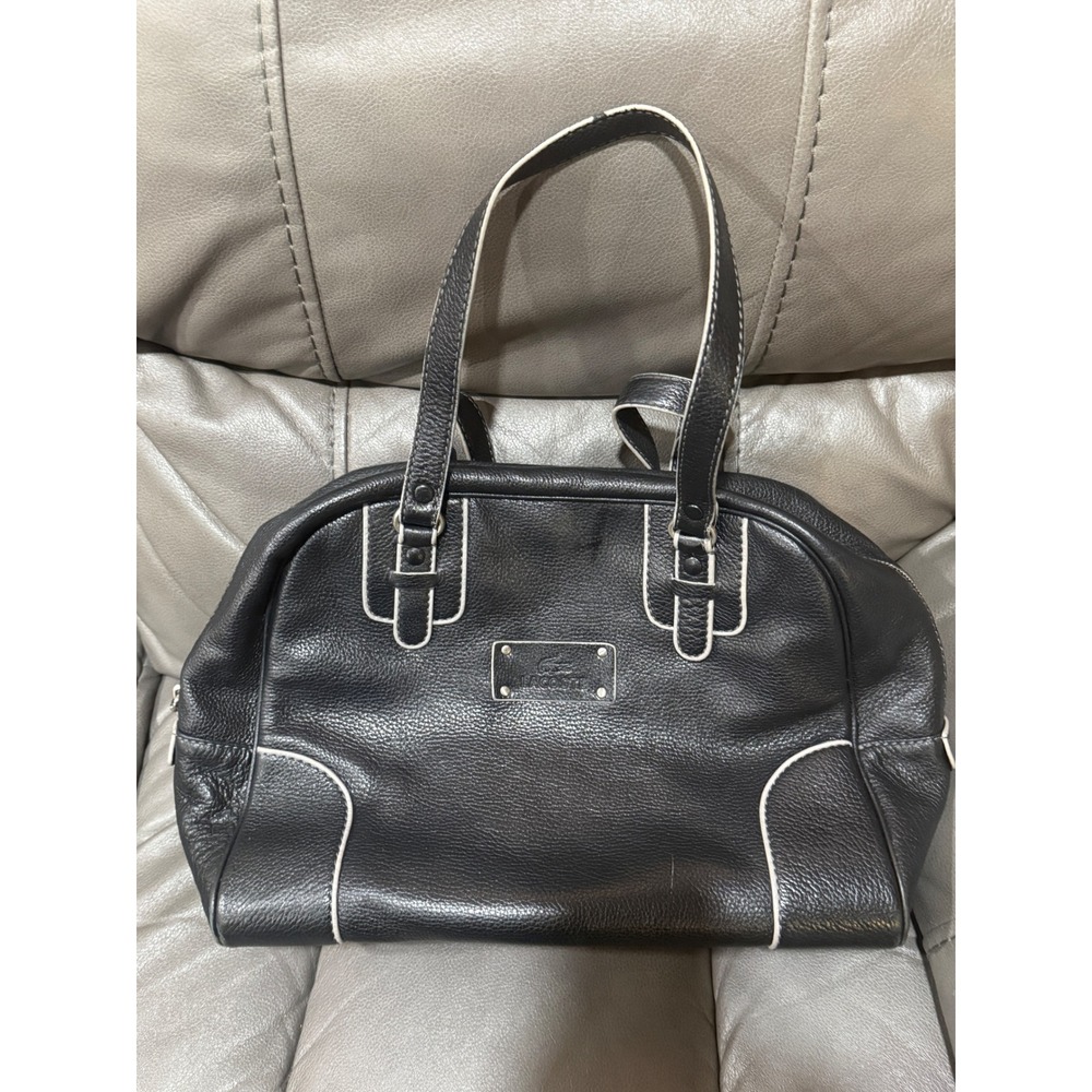 Lacoste Black Pebbled Leather Bowler Bag White Piping Satchel Shoulder Bag